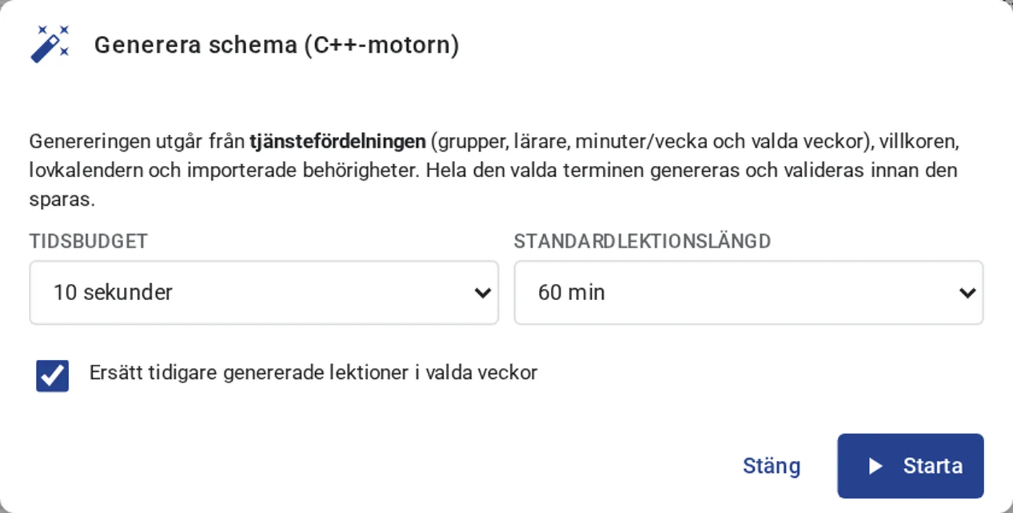 Genereringsdialogen i Vklass schema med kvalitetsmått efter en körning.