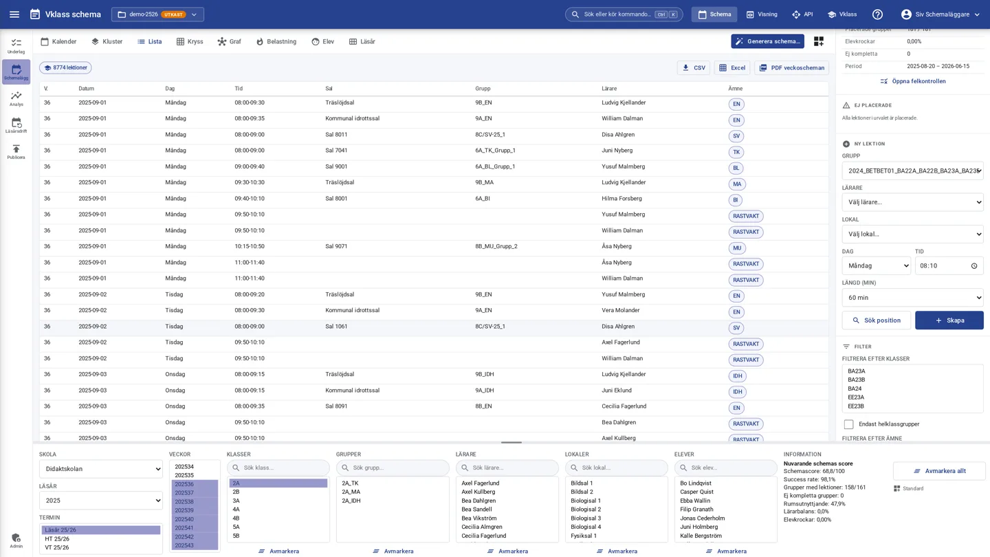 Listvyn i Vklass schema med reservationer, filter och exportmöjligheter.