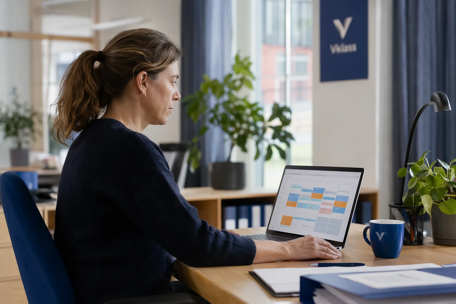 Schemaläggare arbetar med Vklass schema på en laptop i ett ljust skolkontor.