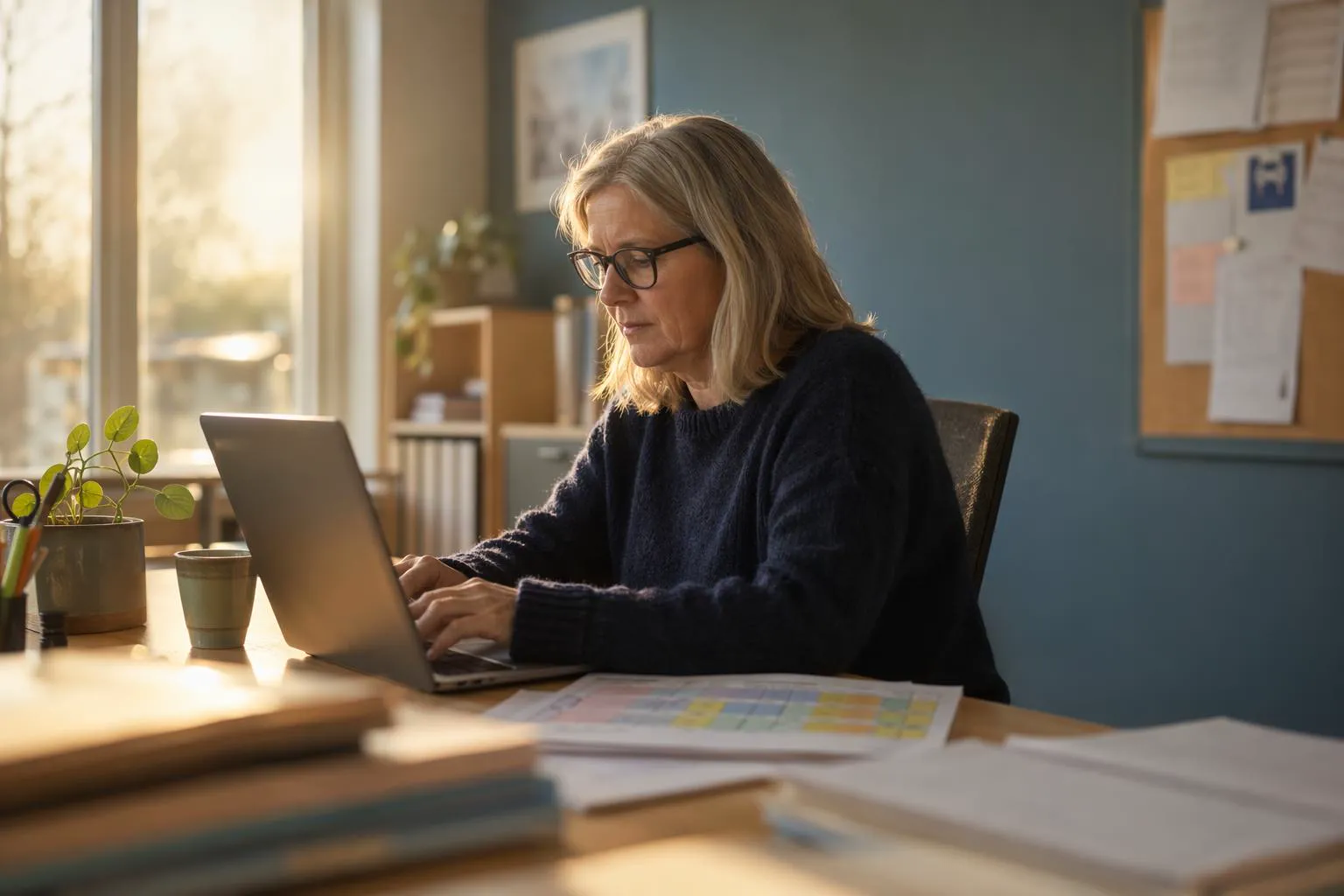 Schemaläggare arbetar koncentrerat med skolans schema vid en laptop.